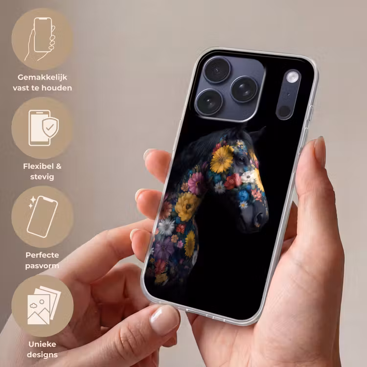 Paard - Bloemen - Zwart Telefoonhoesje iPhone 17 Pro klein -sfeer3_NL