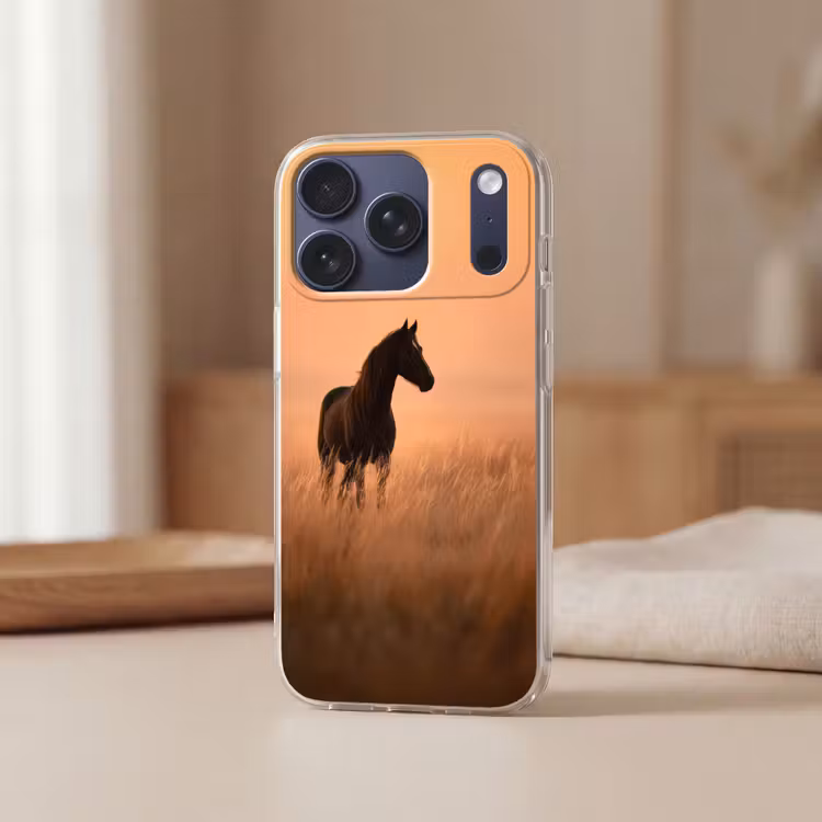 Paard - Grasveld - Zonsondergang Telefoonhoesje iPhone 17 Pro klein -sfeer2