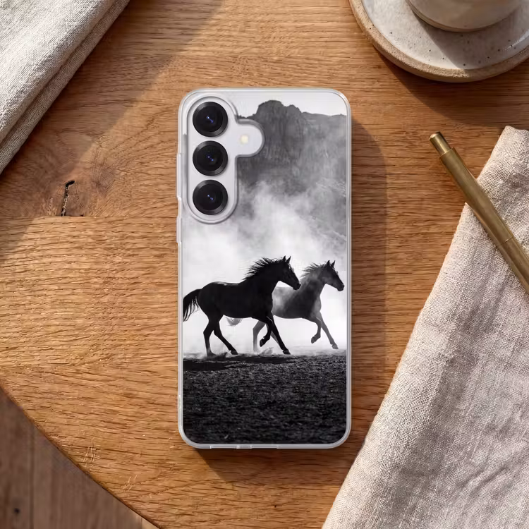 Paard - Ren - Stof - Zwart-wit - Dieren Telefoonhoesje Samsung Galaxy S26 klein -sfeer1
