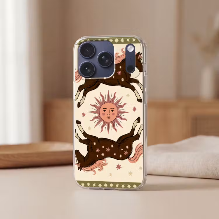Paard - Zon - Mystiek - Illustratie - Roze Telefoonhoesje iPhone 17 Pro klein -sfeer2