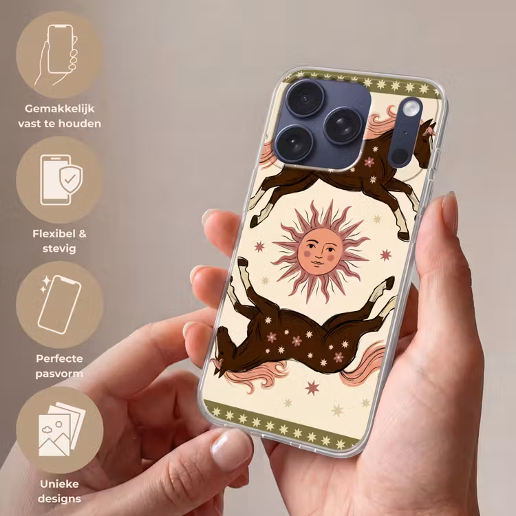 Paard - Zon - Mystiek - Illustratie - Roze Telefoonhoesje iPhone 17 Pro klein -sfeer3_NL