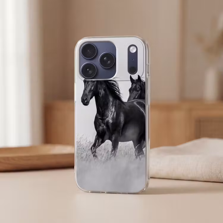 Paarden - Gras - Zwart - Wit Telefoonhoesje iPhone 17 Pro klein -sfeer2