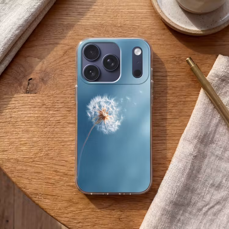 Paardenbloem - Wind - Blauw Telefoonhoesje iPhone 17 Pro klein -sfeer1