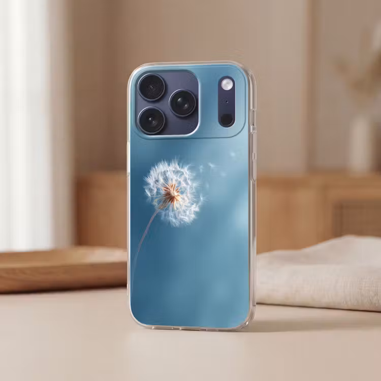 Paardenbloem - Wind - Blauw Telefoonhoesje iPhone 17 Pro klein -sfeer2