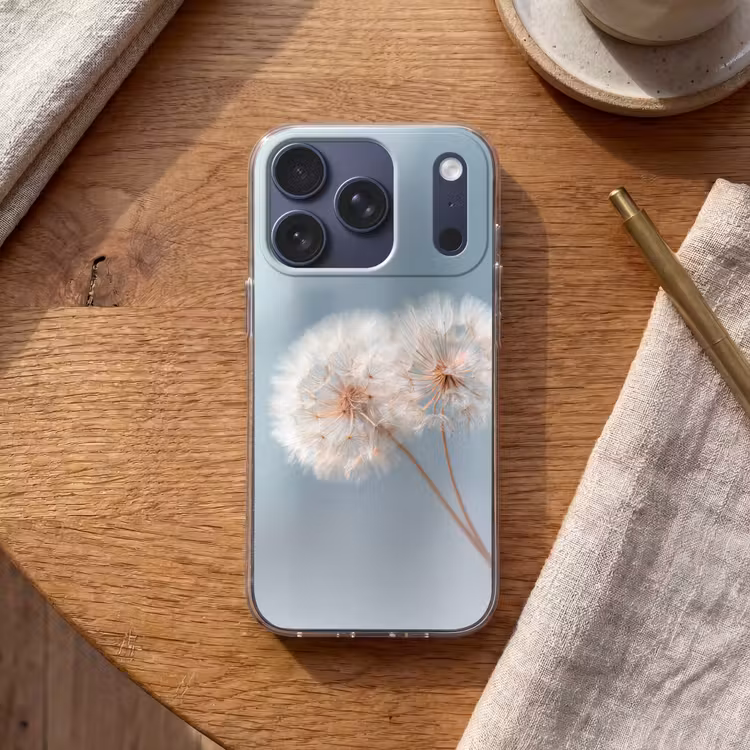 Paardenbloemen - Pluisjes - Wit Telefoonhoesje iPhone 17 Pro klein -sfeer1