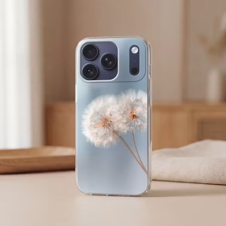 Paardenbloemen - Pluisjes - Wit Telefoonhoesje iPhone 17 Pro klein -sfeer2