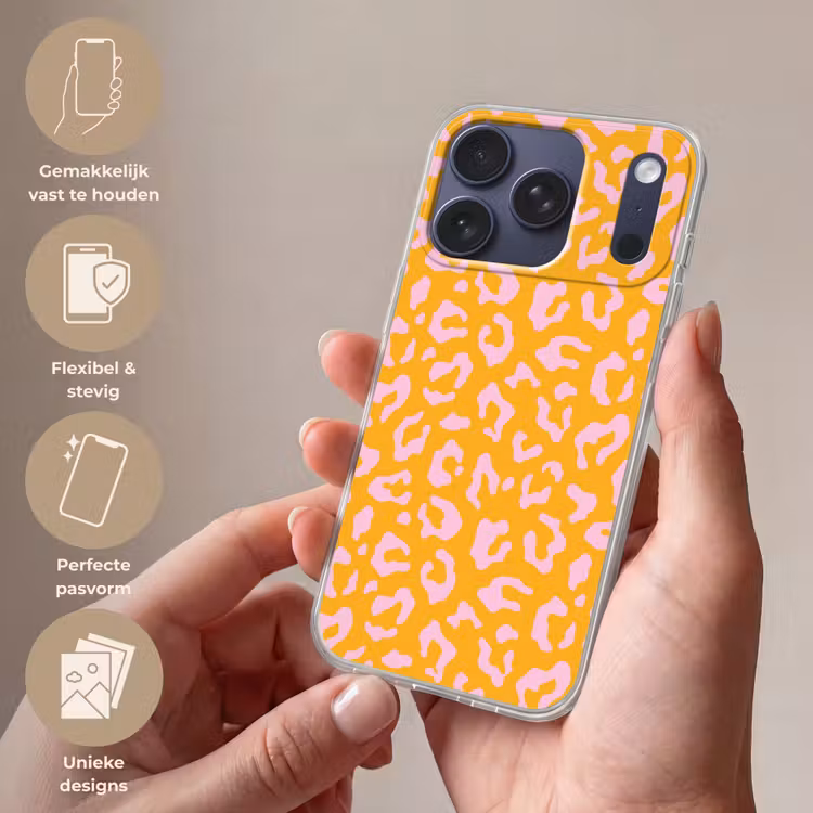 Panterprint - Oranje - Roze - Dierenprint Telefoonhoesje iPhone 17 Pro klein -sfeer3_NL