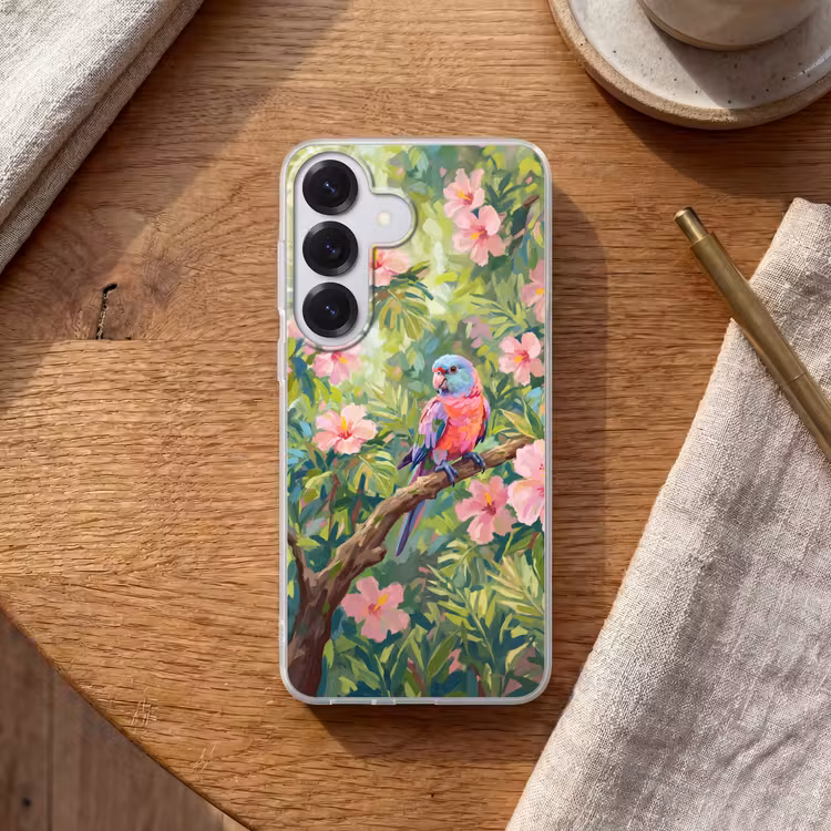 Papagaai - Hibiscusbloemen - Kleurrijk Telefoonhoesje Samsung Galaxy S26 klein -sfeer1