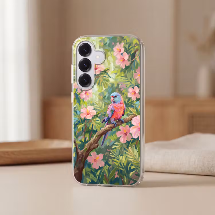 Papagaai - Hibiscusbloemen - Kleurrijk Telefoonhoesje Samsung Galaxy S26 klein -sfeer2