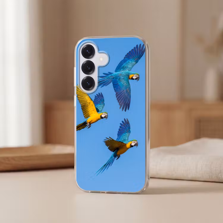 Papagaai - Vliegen - Blauw - Geel Telefoonhoesje Samsung Galaxy S26 klein -sfeer2