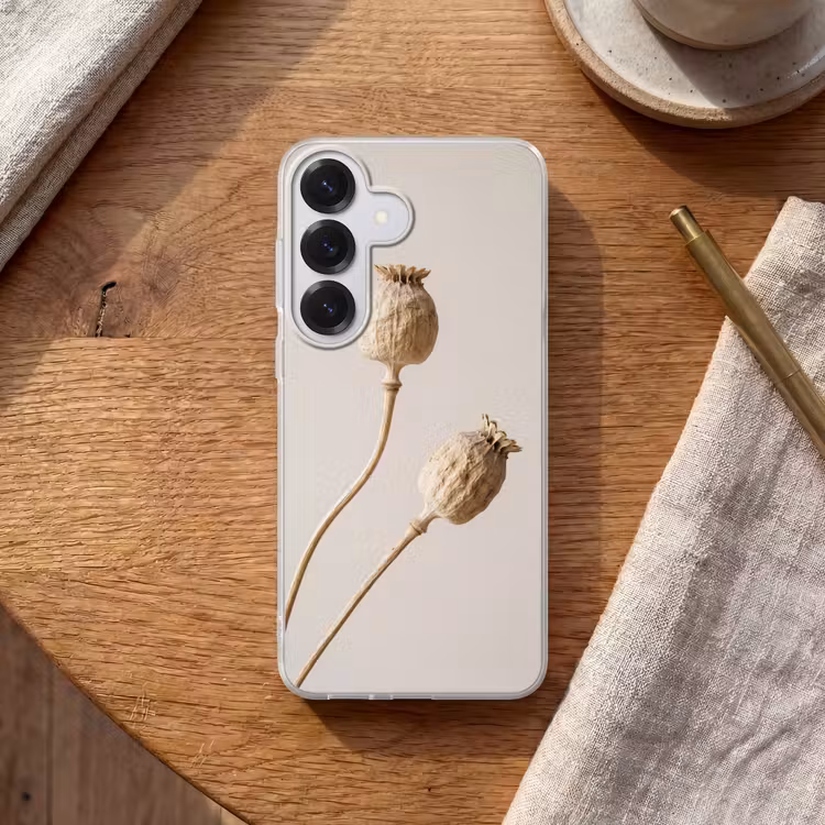 Papaverbollen - Droogbloemen - Minimalistisch - Beige - Rustig Telefoonhoesje Samsung Galaxy S26 klein -sfeer1