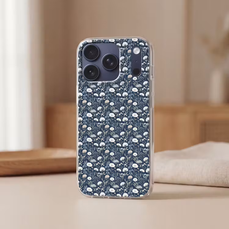 Patroon - Bloemen - Wit - Blauw Telefoonhoesje iPhone 17 Pro klein 878 -sfeer2