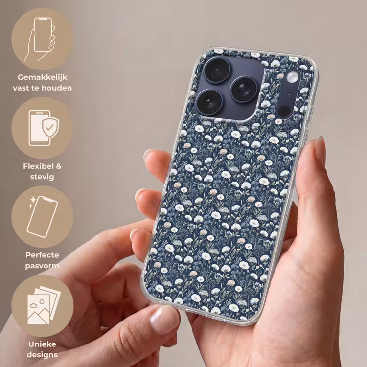 Patroon - Bloemen - Wit - Blauw Telefoonhoesje iPhone 17 Pro klein 878 -sfeer3_NL