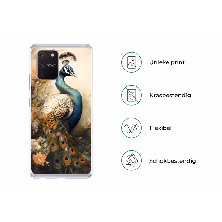 Pauw - Pauwenveren - Bloemen - Vogels - Botanisch Telefoonhoesje Samsung Galaxy S10 Lite klein -specsS10Lite