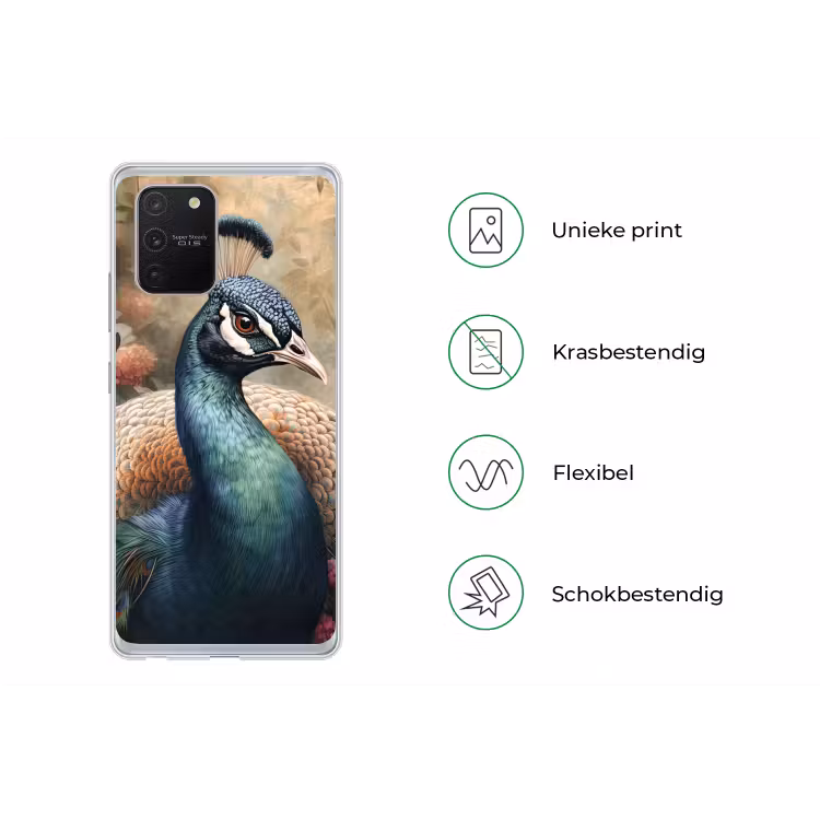 Pauw - Vogel - Bloemen - Planten - Pauwenveren Telefoonhoesje Samsung Galaxy S10 Lite klein -specsS10Lite