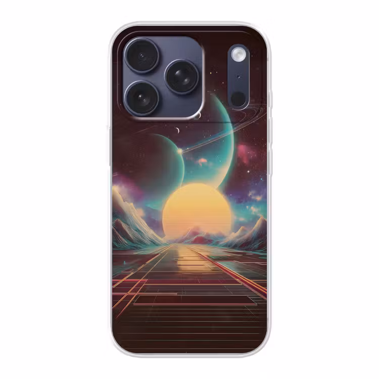 Planeten - Neon - Berglandschap - Zon Telefoonhoesje iPhone 17 Pro klein -3d