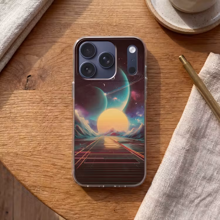 Planeten - Neon - Berglandschap - Zon Telefoonhoesje iPhone 17 Pro klein -sfeer1