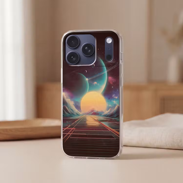 Planeten - Neon - Berglandschap - Zon Telefoonhoesje iPhone 17 Pro klein -sfeer2