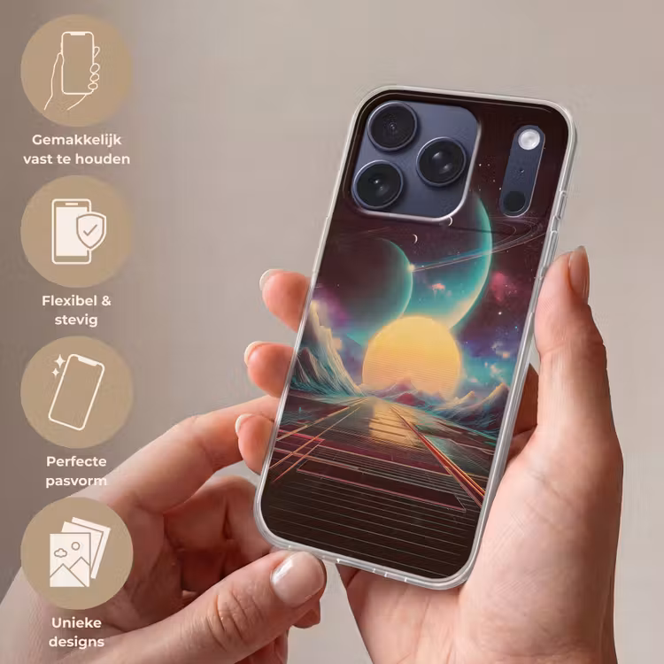 Planeten - Neon - Berglandschap - Zon Telefoonhoesje iPhone 17 Pro klein -sfeer3_NL