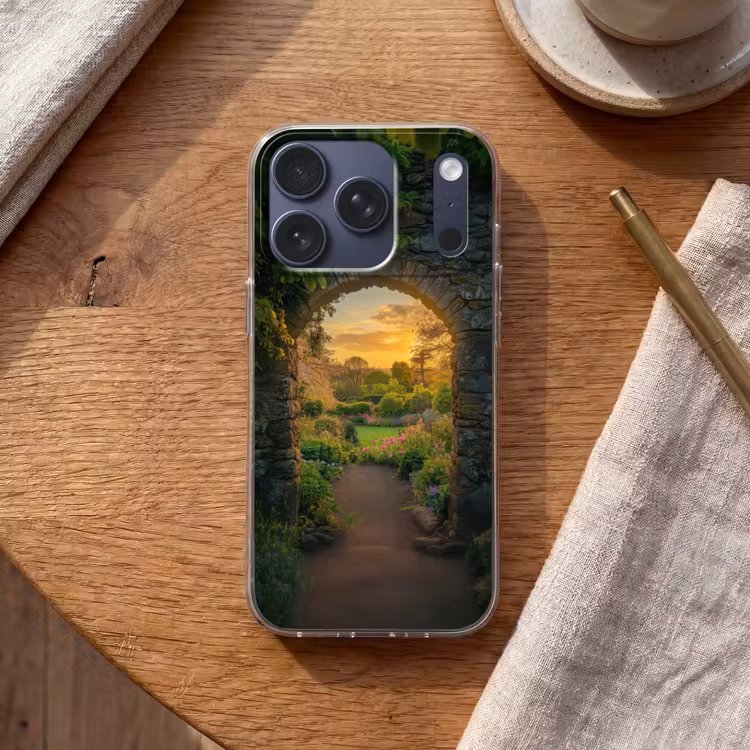 Poort - Planten - Zonsondergang Telefoonhoesje iPhone 17 Pro klein -sfeer1