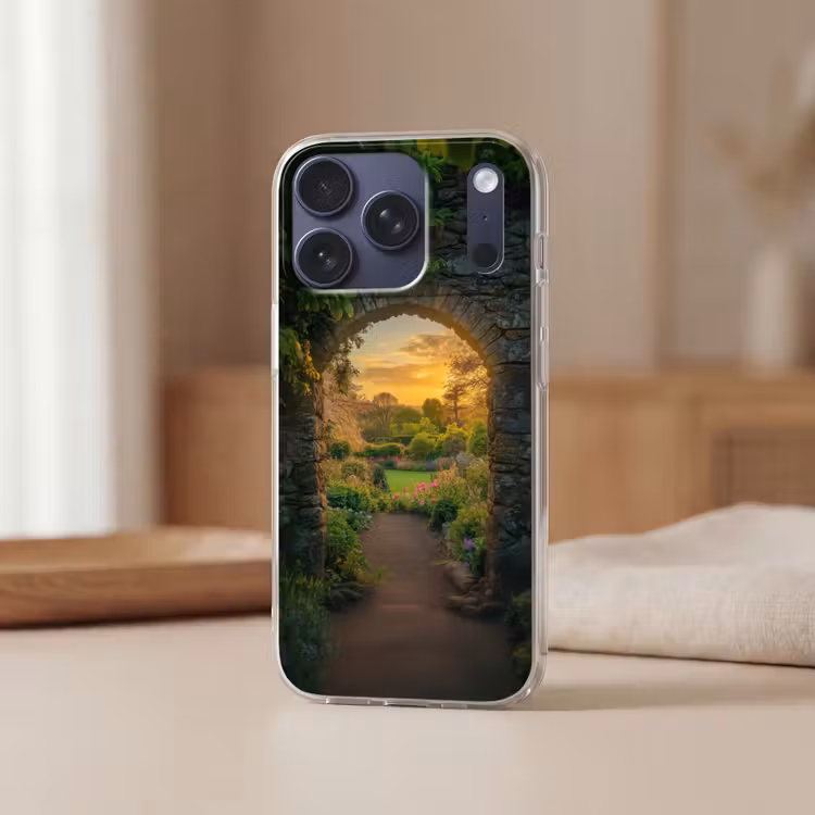 Poort - Planten - Zonsondergang Telefoonhoesje iPhone 17 Pro klein -sfeer2
