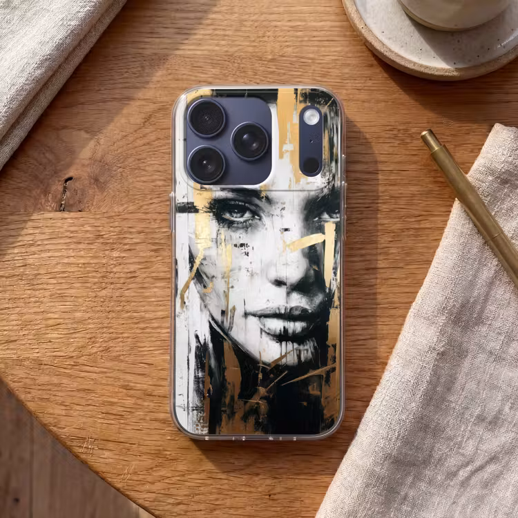 Portret - Vrouw - Penseelstreken - Goud Telefoonhoesje iPhone 17 Pro klein -sfeer1