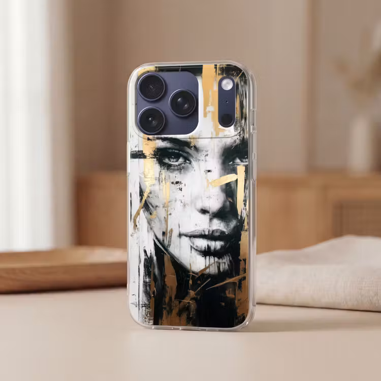 Portret - Vrouw - Penseelstreken - Goud Telefoonhoesje iPhone 17 Pro klein -sfeer2