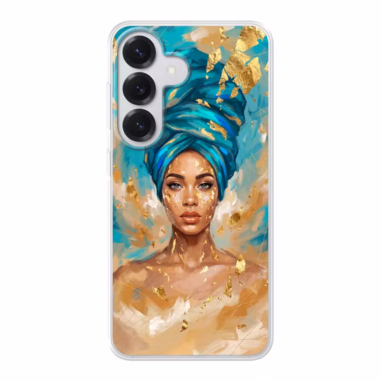Portret - Vrouw - Schilderij - Blauw - Goud - Expressief Telefoonhoesje Samsung Galaxy S26 klein -3d