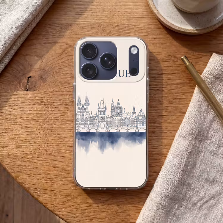 Praag - Skyline - Architectuur - Blauw Telefoonhoesje iPhone 17 Pro klein -sfeer1