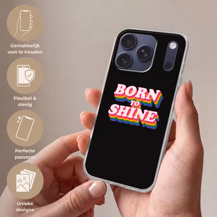 Quote - Regenboog - Roze - Zwart Telefoonhoesje iPhone 17 Pro klein -sfeer3_NL