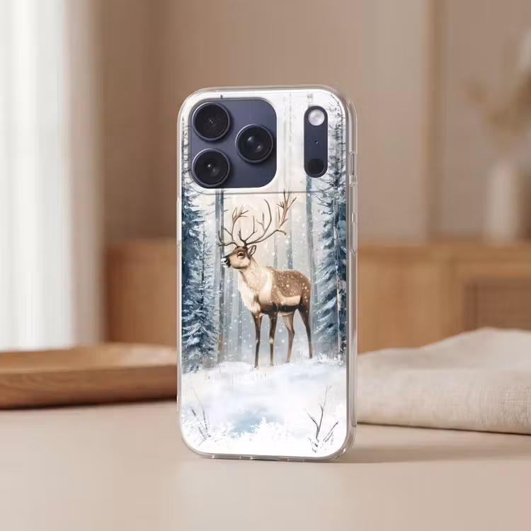 Rendier - Sneeuw - Woud - Wit Telefoonhoesje iPhone 17 Pro klein -sfeer2