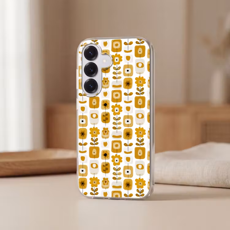 Retro - Abstract - Bloemen - Okergeel Telefoonhoesje Samsung Galaxy S26 klein 975 -sfeer2