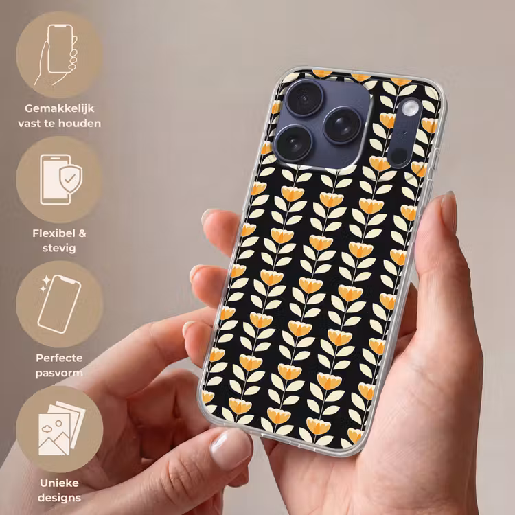 Retro - Bloem - Zwart - Okergeel Telefoonhoesje iPhone 17 Pro klein 878 -sfeer3_NL