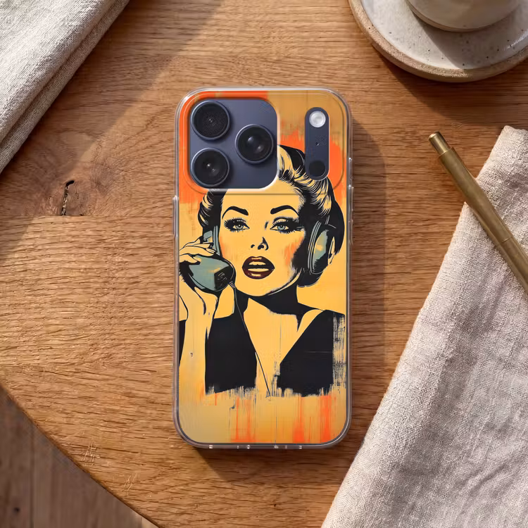 Retro - Vrouw - Koptelefoon - Oranje Telefoonhoesje iPhone 17 Pro klein -sfeer1