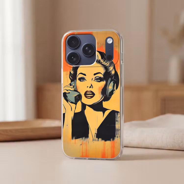 Retro - Vrouw - Koptelefoon - Oranje Telefoonhoesje iPhone 17 Pro klein -sfeer2