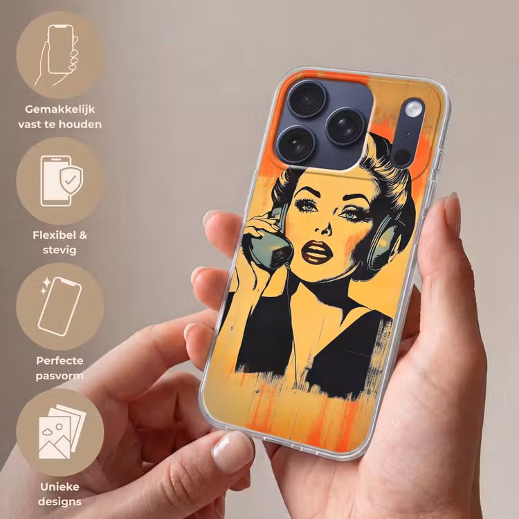 Retro - Vrouw - Koptelefoon - Oranje Telefoonhoesje iPhone 17 Pro klein -sfeer3_NL
