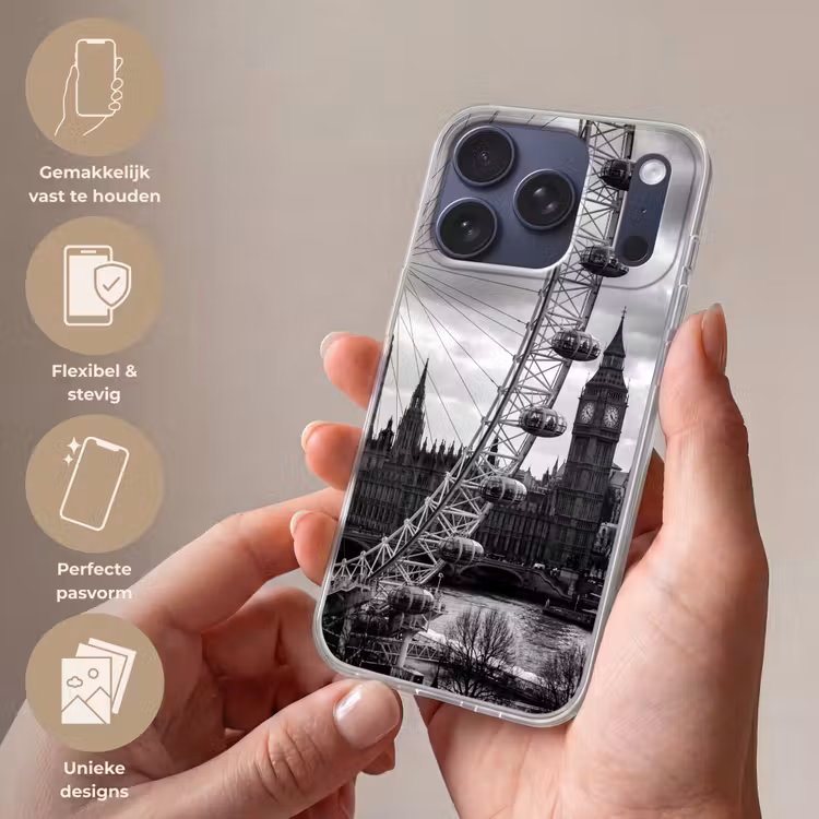 Reuzenrad - Klokkentoren - Architectuur - Zwart-wit - Stad Telefoonhoesje iPhone 17 Pro klein -sfeer3_NL