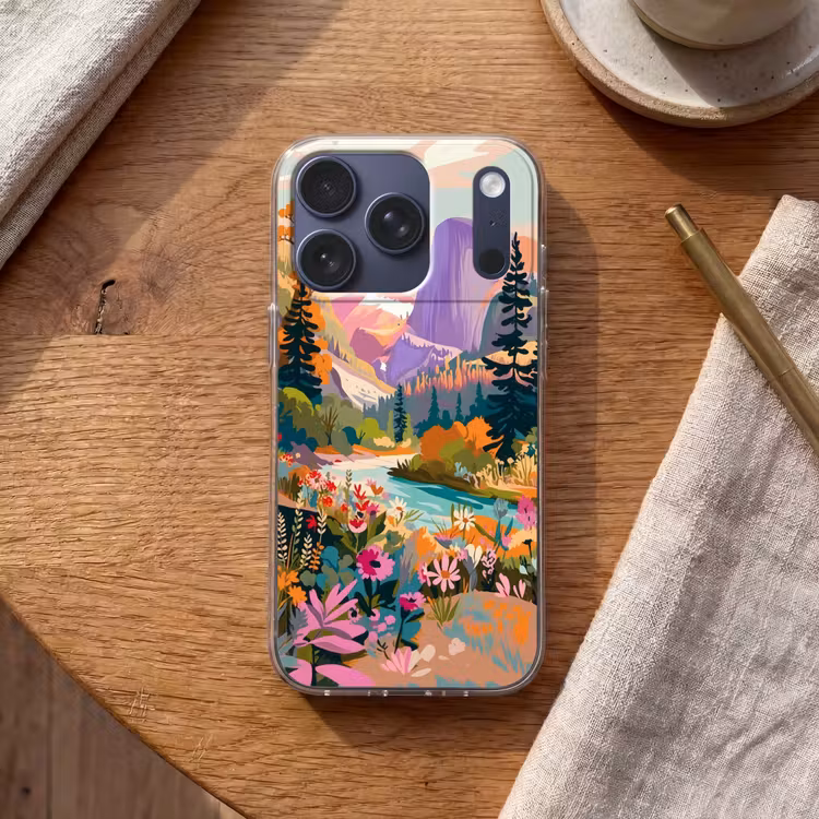 Rivier - Vallei vol bloemen - Levendig Telefoonhoesje iPhone 17 Pro klein -sfeer1
