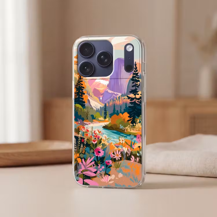 Rivier - Vallei vol bloemen - Levendig Telefoonhoesje iPhone 17 Pro klein -sfeer2