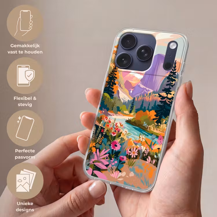 Rivier - Vallei vol bloemen - Levendig Telefoonhoesje iPhone 17 Pro klein -sfeer3_NL