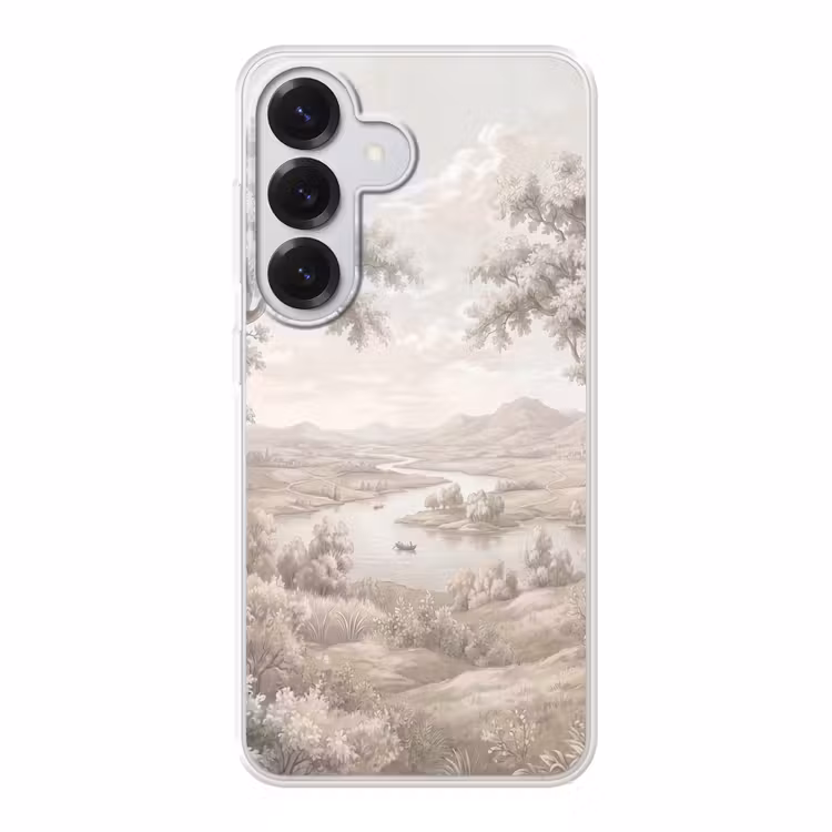 Rivierlandschap - Bergen - Natuur - Vintage - Beige Telefoonhoesje Samsung Galaxy S26 klein -3d