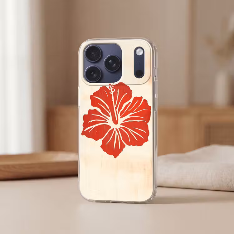 Rode hibiscusbloem - Textuur achtergrond - Beige Telefoonhoesje iPhone 17 Pro klein -sfeer2