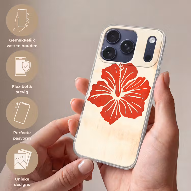 Rode hibiscusbloem - Textuur achtergrond - Beige Telefoonhoesje iPhone 17 Pro klein -sfeer3_NL
