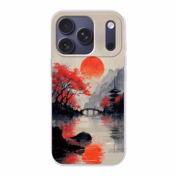 Rode zon - Rivier - brug - Bomen Telefoonhoesje iPhone 17 Pro klein -3d