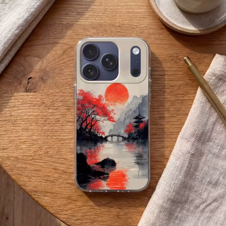 Rode zon - Rivier - brug - Bomen Telefoonhoesje iPhone 17 Pro klein -sfeer1