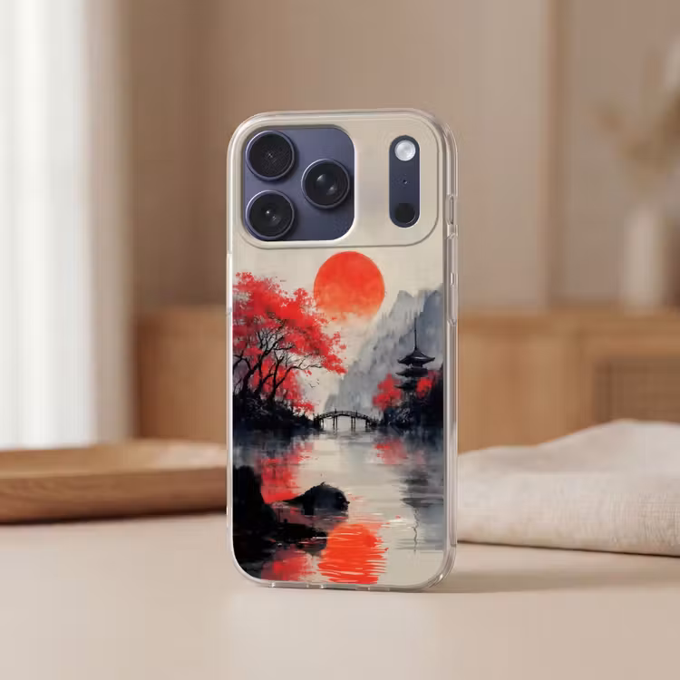 Rode zon - Rivier - brug - Bomen Telefoonhoesje iPhone 17 Pro klein -sfeer2