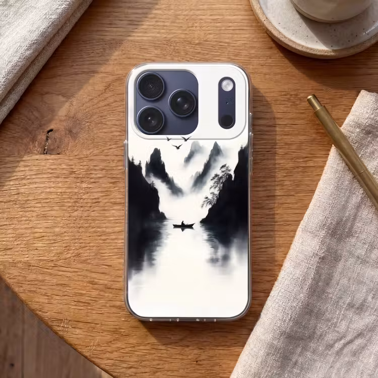 Roeiboot - Mistig - Bergen - Vogels Telefoonhoesje iPhone 17 Pro klein -sfeer1