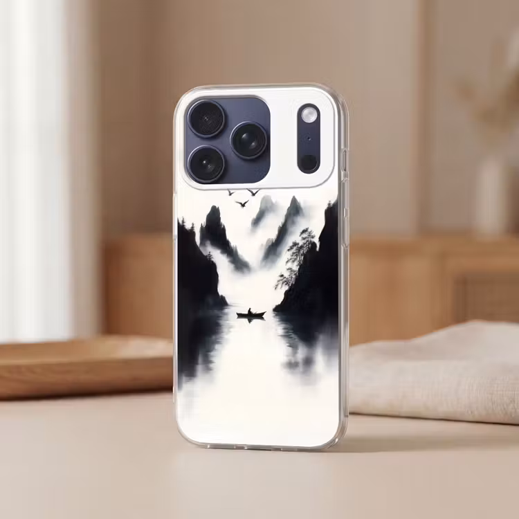 Roeiboot - Mistig - Bergen - Vogels Telefoonhoesje iPhone 17 Pro klein -sfeer2