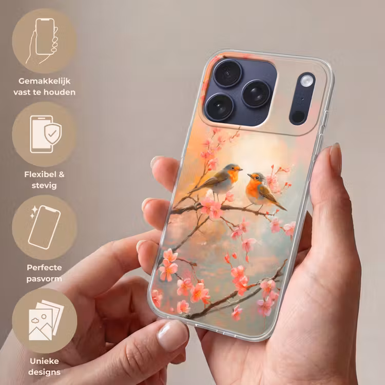 Roodborstjes - Sierlijk - Bloesemtak Telefoonhoesje iPhone 17 Pro klein -sfeer3_NL