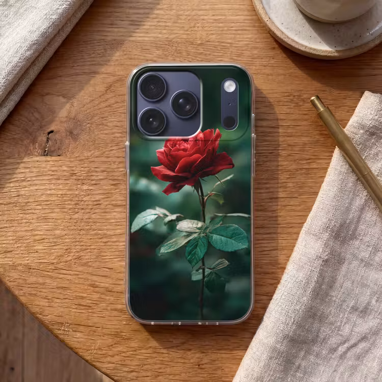 Roos - Bladeren - Dieprood Telefoonhoesje iPhone 17 Pro klein -sfeer1
